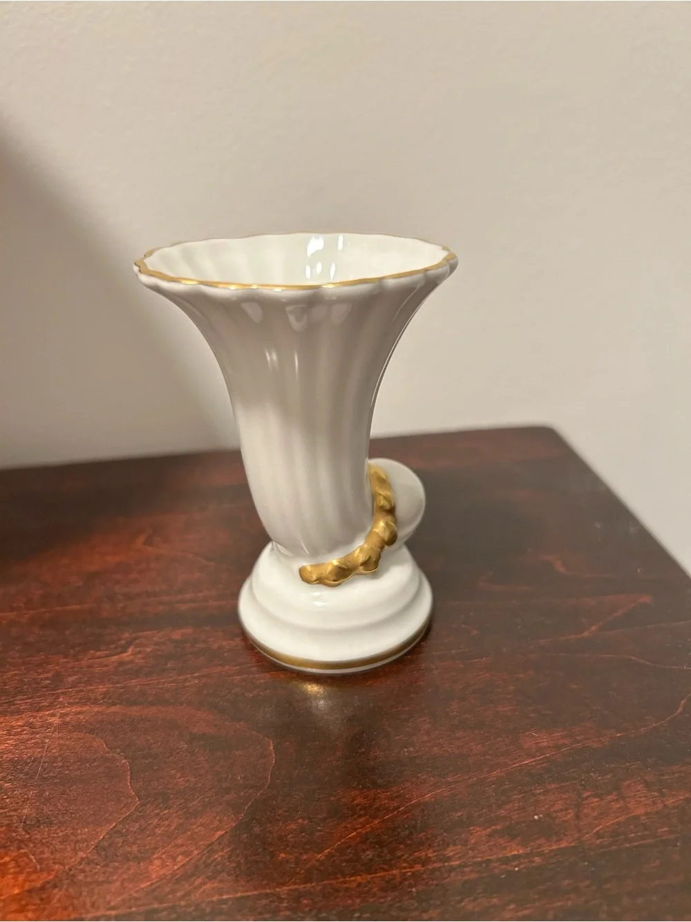 Vintage White Porcelain Mini Cornucopia Bud Vase Gold Trim Scalloped Fluted